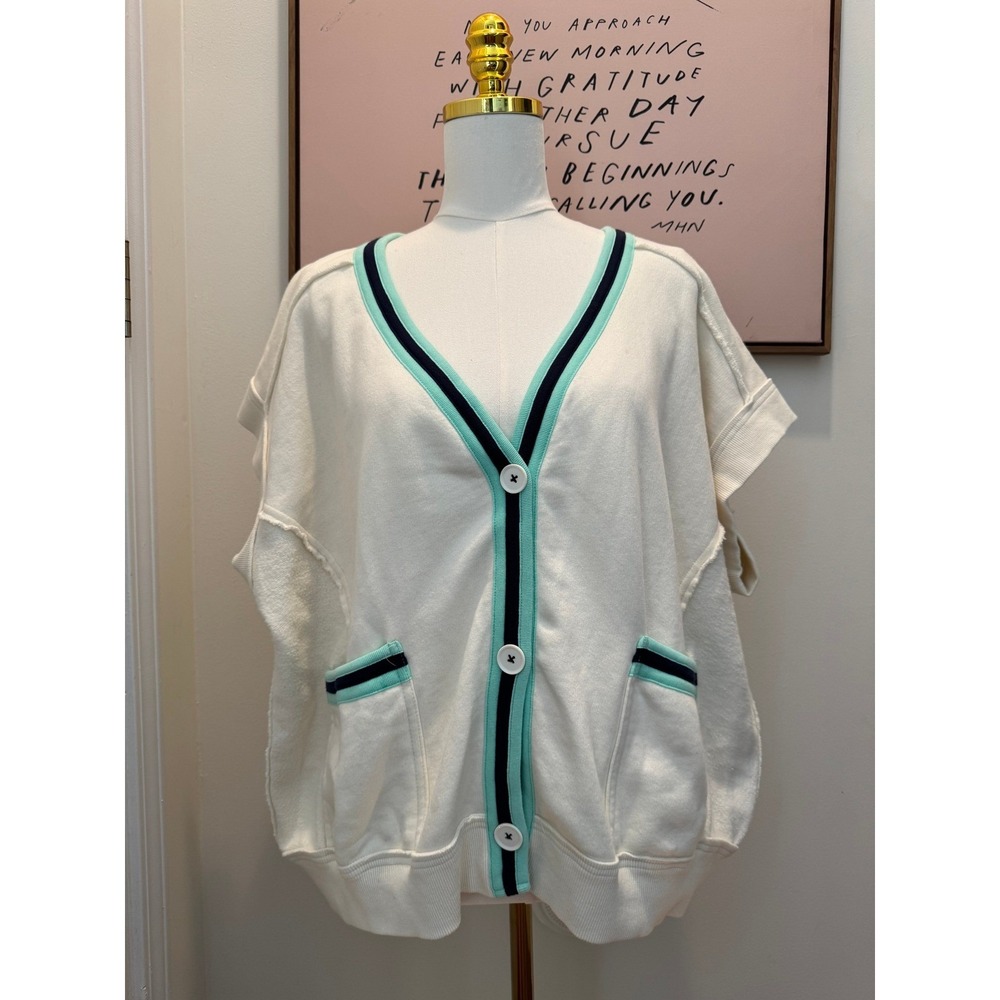 Mono B Cream Short Sleeve Cardigan Top w/ Contrast Trim Pockets Size M